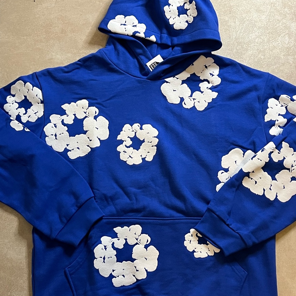 Blue Hoodie with White Floral Patterns